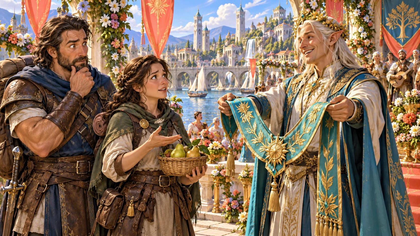 An illustrated fantasy host offers a ceremonial sash while two adventurers holding a fruit basket look uncertain.