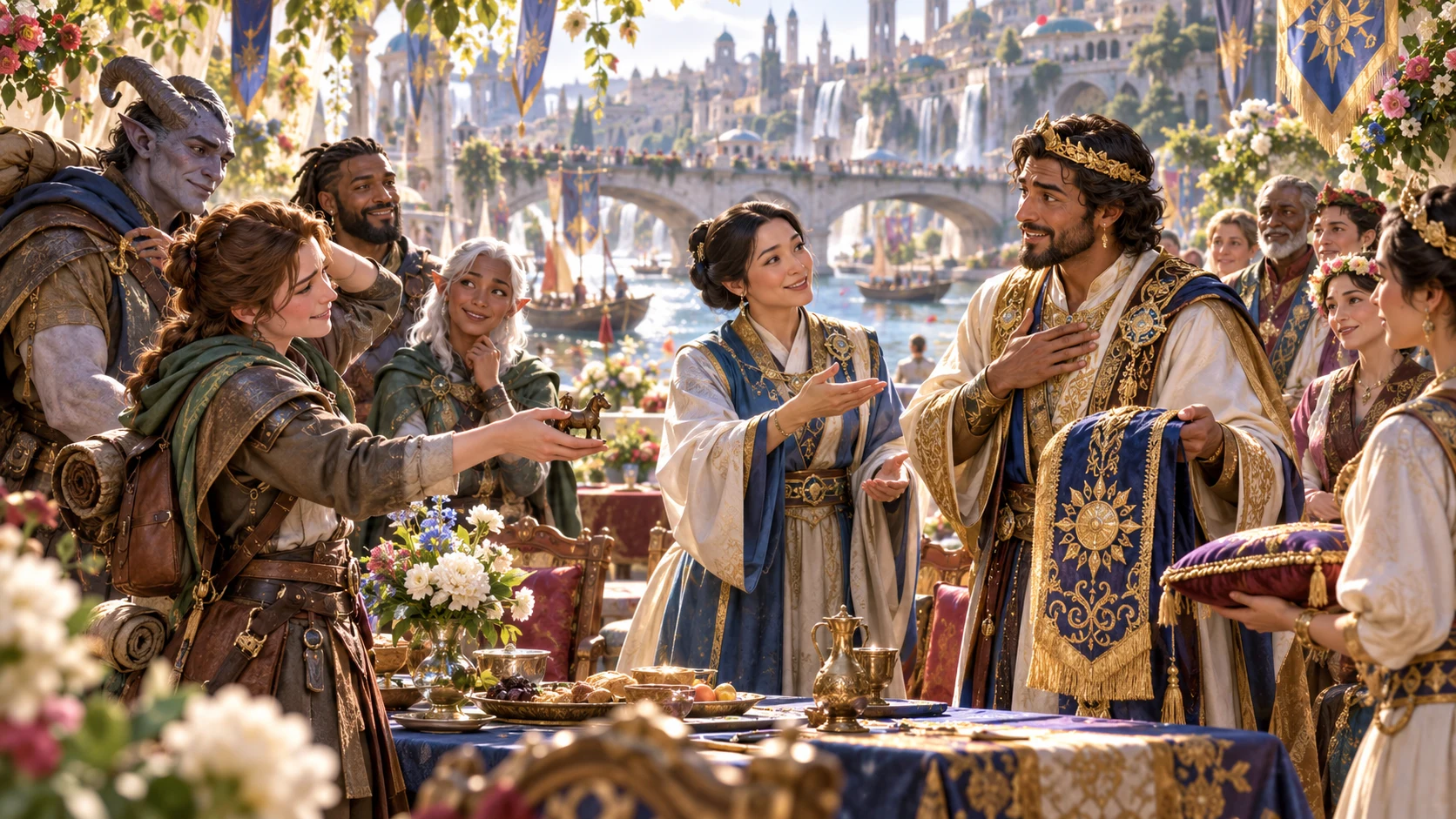 An adventurer offers a small horse figurine while a mediator and crowned host talk among gathered witnesses.
