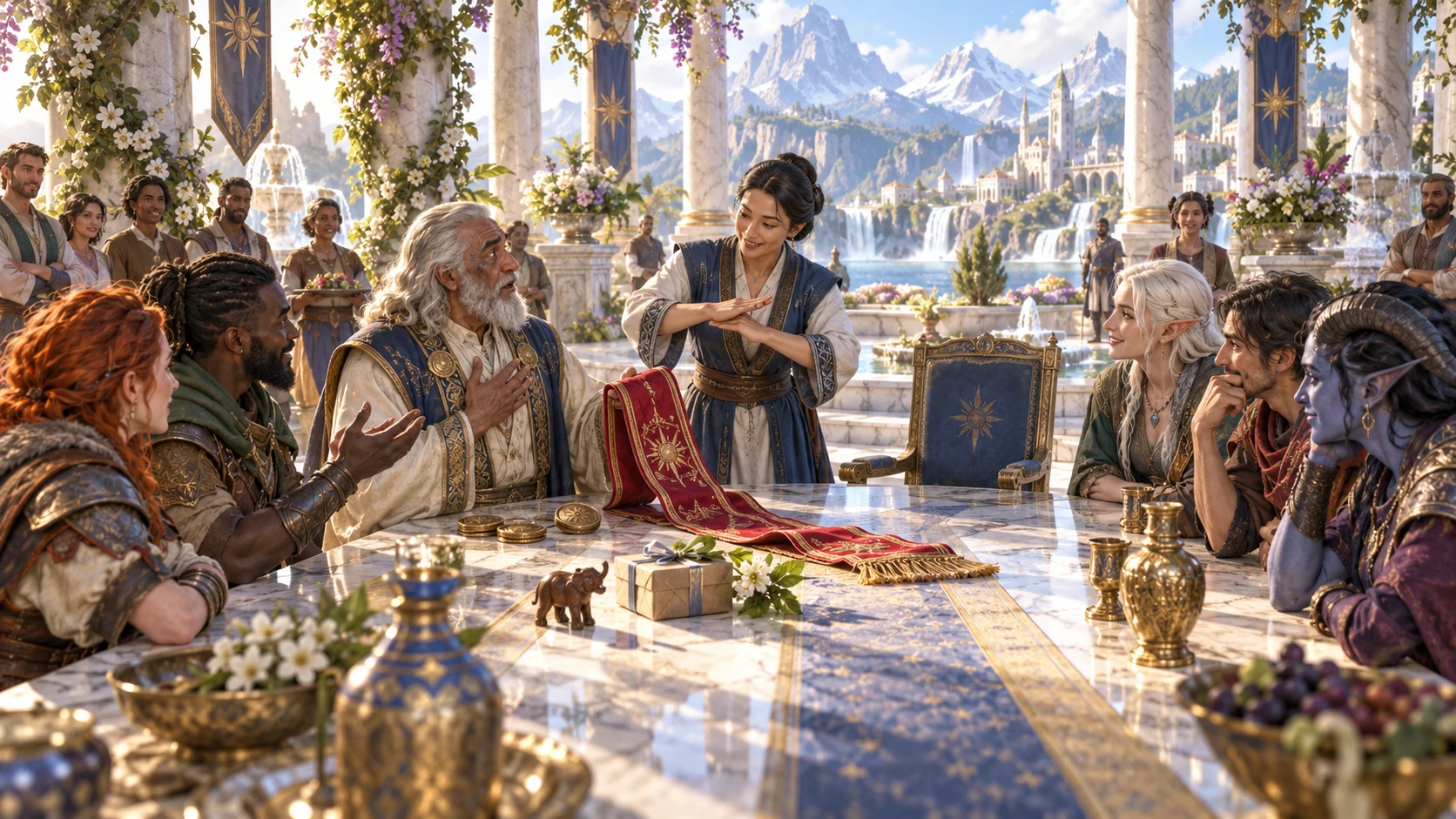 Fantasy companions and a mediator discuss a ceremonial sash and gift around a table with witnesses nearby.